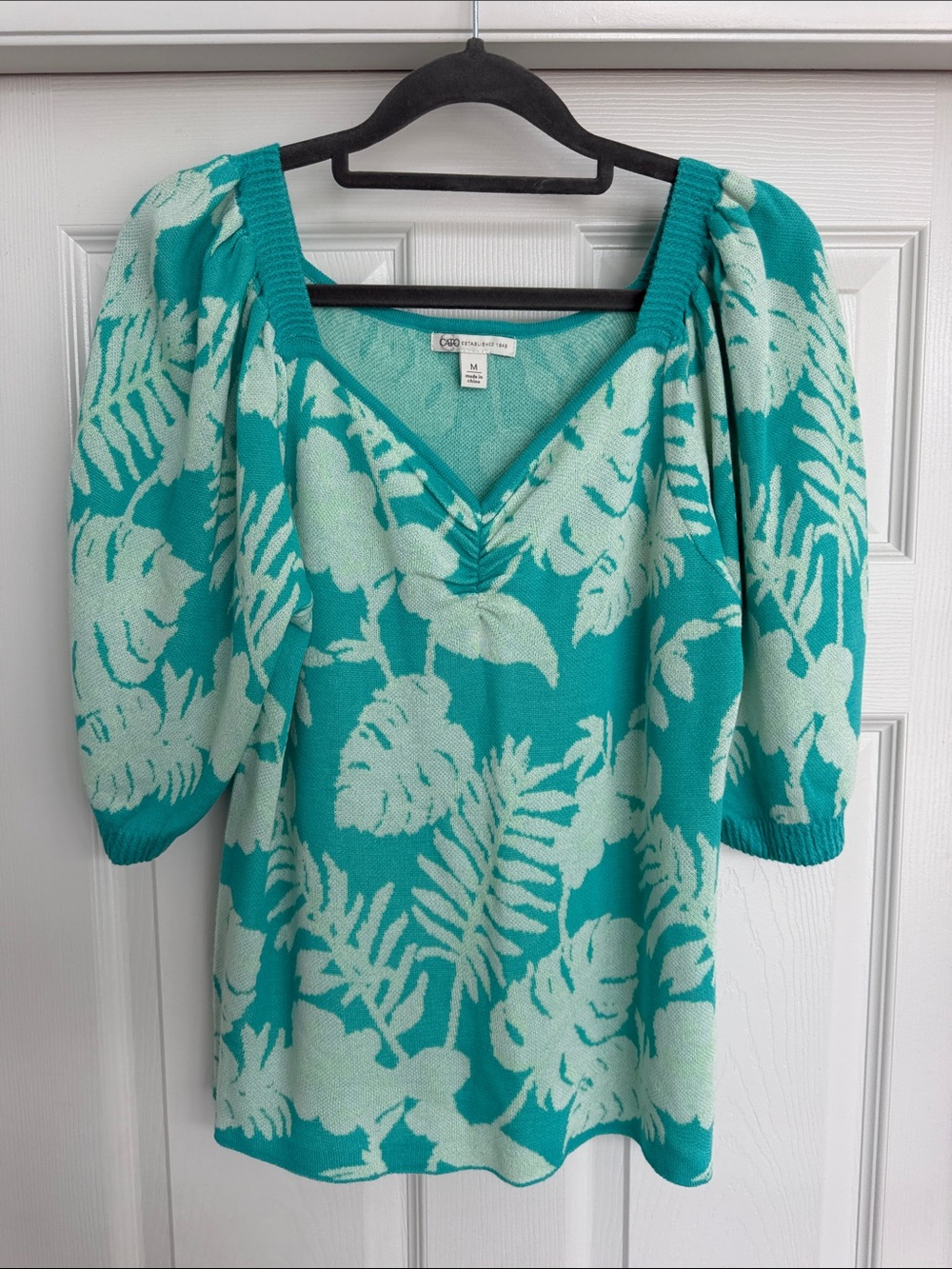 Cato Teal and Mint Leaf-Print V-Neck Sweater